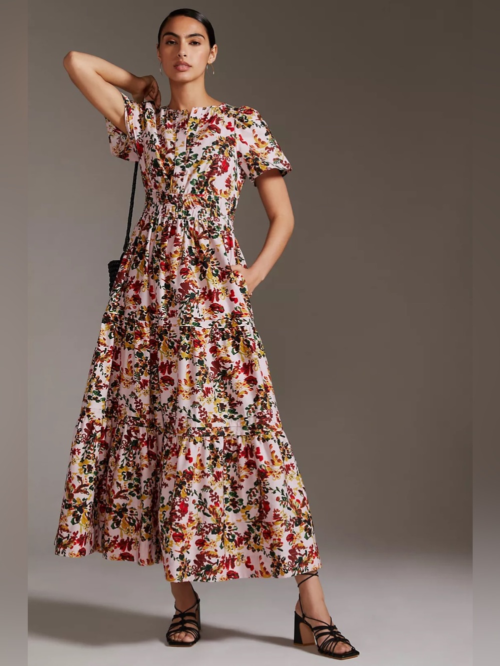 Anthropologie Somerset Smocked Tiered Cotton Maxi Dress in Pink Floral Small